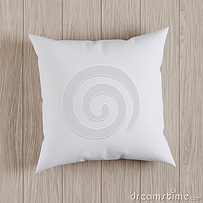 Blank white soft square pillow on a wooden floor, 3D render Stock Photo