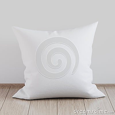 Blank white soft square pillow on a wooden floor near the wall, 3D render Stock Photo