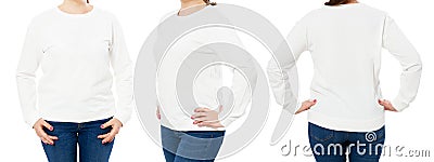 Blank white sweatshirt mock up set isolated, front, back and side view. Woman wear white pullover mockup. Plain hoody design Stock Photo