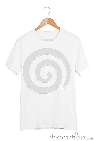 Blank white t-shirt on wooden hanger isolated on white background Stock Photo