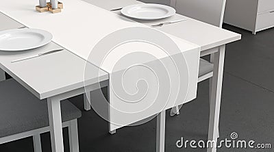 Blank white table runner and dishes mockup crop, interior background Stock Photo