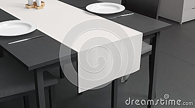 Blank white table runner and dishes mockup crop, interior background Stock Photo