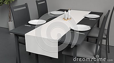 Blank white table runner and dishes mockup crop, interior background Stock Photo