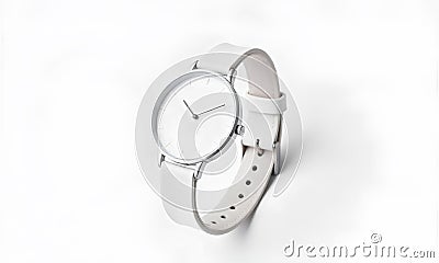 Blank white watch with wristlet mockup, isolated, depth of field, 3d rendering. Empty accessory clock mock up. Clear Stock Photo