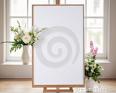 Blank White Wedding Welcome Sign Mockup: Elegant Template on Easel with Bright Window and Flower Vase Background. Stock Photo