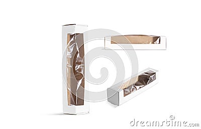 Blank white wide box with plastic window mockup, different sides Stock Photo