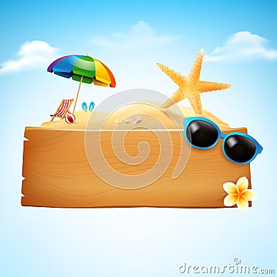 Blank wood board with copyspace and summer beach element vector Vector Illustration