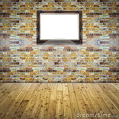 Blank wood frame on tile brick wall Stock Photo