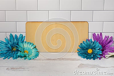 Blank wooden sign without free of words and writing add text bright spring color flowers Stock Photo