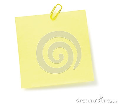 Blank Yellow To-Do List Post-It Style sticker, paperclip, isolated copy space, large detailed closeup Stock Photo