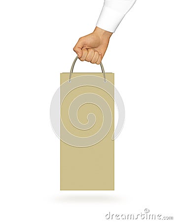 Blank yellow wine paper bag mock up holding in hand. Empty plast Stock Photo