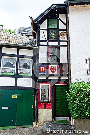 Blankenheim, Germany - July 26, 2019: Front view of the narrowest house in Blankenheim Editorial Stock Photo