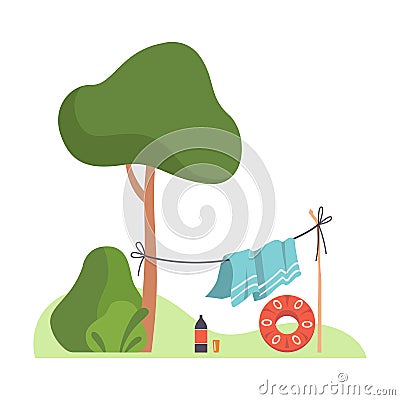 Blanket is dried on a rope near a tree. Vector illustration. Vector Illustration