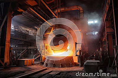 blast furnace, with flames and smoke coming out of the top, while molten metal is being poured Stock Photo