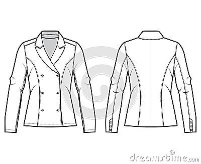 Blazer technical fashion illustration with notched lapel, fitted silhouette, double breasted opening, long sleeves. Vector Illustration
