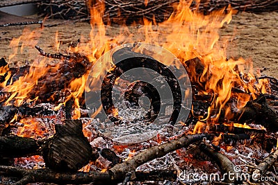 Blazing burning bonfire outdoor, colorful and danger Stock Photo