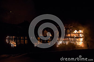 Blazing fire barn by night Stock Photo