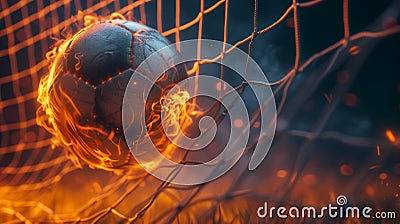 A blazing football nestled in the goal against an amazing solid background Stock Photo