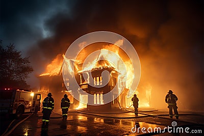 Blazing house fire brought under control by a determined firefighter team Stock Photo