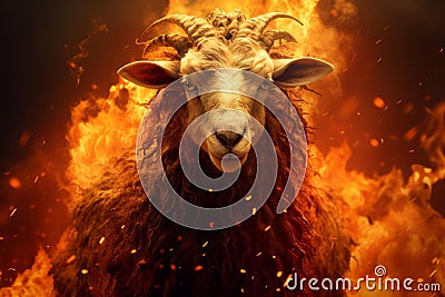 Blazing Nightmare sheep with fire flames. Generate ai Stock Photo