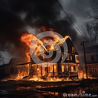 Blazing residence, flames devouring an aged house in a conflagration Stock Photo