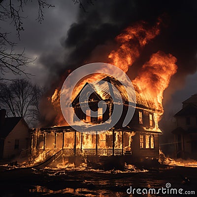 Blazing residence, flames devouring an aged house in a conflagration Stock Photo