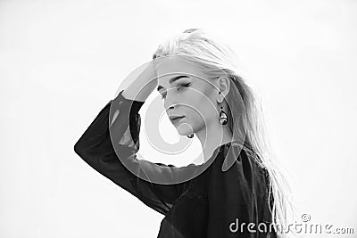 Bleaching roots. Hairdresser tips concept. Salvaged my bleached hair. How to take care of bleached hair. Girl tender Stock Photo