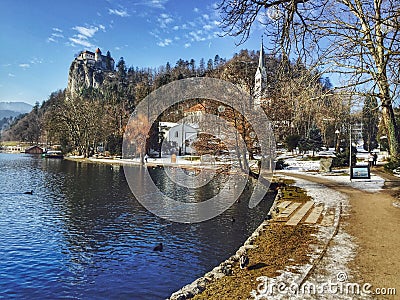 Bled Castle Looming over Bled Lake, Slovenia Editorial Stock Photo