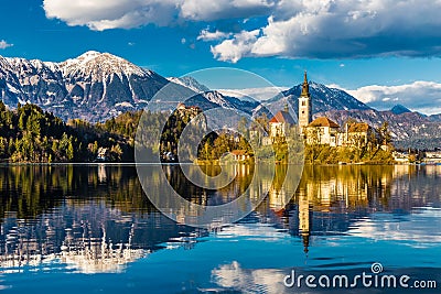 Bled Lake,Island,Church,Castle,Mountain-Slovenia Stock Photo