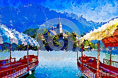 Bled Lake, the most famous lake in Slovenia with the island of the church Europe - Slovenia - Art concept image with painted Stock Photo