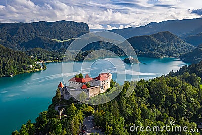 Bled, Slovenia - Aerial drone view of beautiful Bled Castle Blejski Grad with Lake Bled Blejsko Jezero Stock Photo