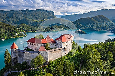 Bled, Slovenia - Aerial view of beautiful Bled Castle Blejski Grad with Lake Bled Blejsko Jezero on a bright summer day Stock Photo