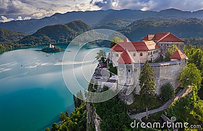 Bled, Slovenia - Aerial view of beautiful Bled Castle Blejski Grad with Pilgrimage Church of the Assumption of Maria Stock Photo