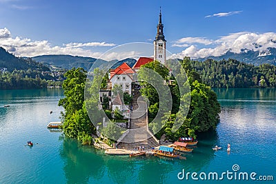 Bled, Slovenia - Aerial view of beautiful Pilgrimage Church of the Assumption of Maria on a small island at Lake Bled Stock Photo