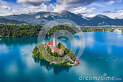 Bled, Slovenia - Aerial view of Lake Bled Blejsko Jezero with the Pilgrimage Church of the Assumption of Maria, pletna boats Stock Photo
