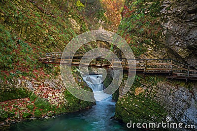 Bled, Slovenia - The beautiful Vintgar Gorge canyon with wooden bridge Stock Photo