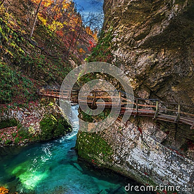 Bled, Slovenia - The beautiful Vintgar Gorge canyon with wooden bridge and stream near Bled Stock Photo