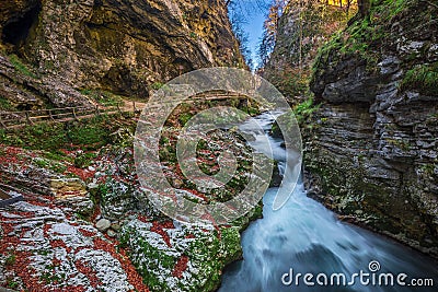 Bled, Slovenia - The beautiful Vintgar Gorge canyon with wooden path and stream Stock Photo