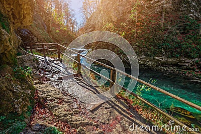 Bled, Slovenia - The beautiful Vintgar Gorge canyon with wooden path and stream near Bled Stock Photo