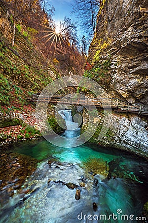 Bled, Slovenia - The beautiful Vintgar Gorge canyon with woodenBled, Slovenia - The beautiful Vintgar Gorge canyon with wooden bri Stock Photo