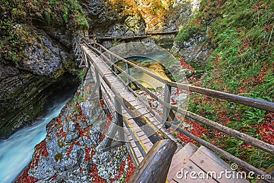 Bled, Slovenia - The beautiful Vintgar Gorge canyon with woodenBled, Slovenia - The beautiful Vintgar Gorge canyon with wooden bri Stock Photo