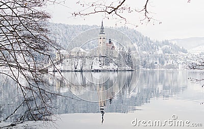 BLED, SLOVENIA - JANUARY 2015: view over Gothic church on the lake island Editorial Stock Photo