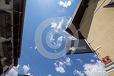 Telekom Slovenije logo on a sign on their shop in Bled. Editorial Stock Photo