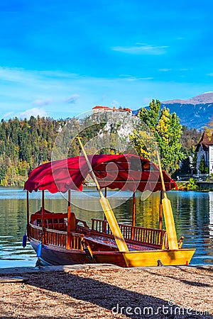 Bled, Slovenia view with castle and boat Stock Photo