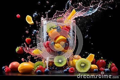 blender with colorful fruit slices flying into it Stock Photo