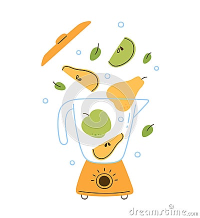 Blender for fruit smoothie. Electric mixer makes pear and apple cocktail. Healthy morning breakfast. Hand drawn food Vector Illustration