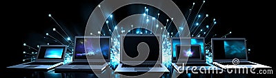 Ultra-Wide Background of Laptops on a Table with Colorful String LED Lights in Clip Art Style (Generative AI) Stock Photo