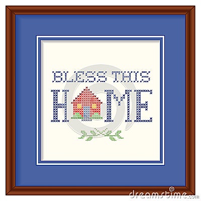 Bless This Home Embroidery, Wood Frame Vector Illustration