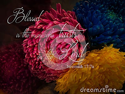 Blessed is the man who trusts in the Lord with flora background design for Christianity. Stock Photo