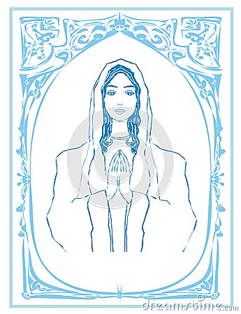 Blessed Virgin Mary portrait, decorative blue card with vintage frame Vector Illustration